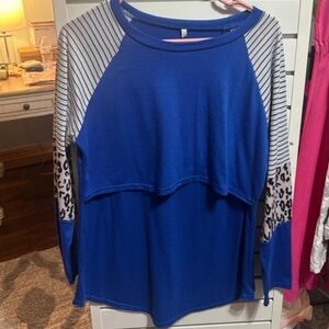 Vibrant Blue Women's Long Sleeve Top with Leopard Print
